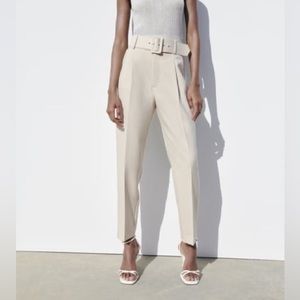 ZARA HIGH WAISTED PANTS/TROUSERS WITH BELT ECRU